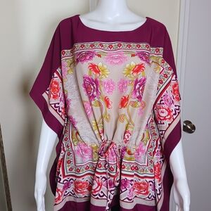 Dana Buchman Floral Tie-Waist Kaftan Top - Maroon, Pink & Cream